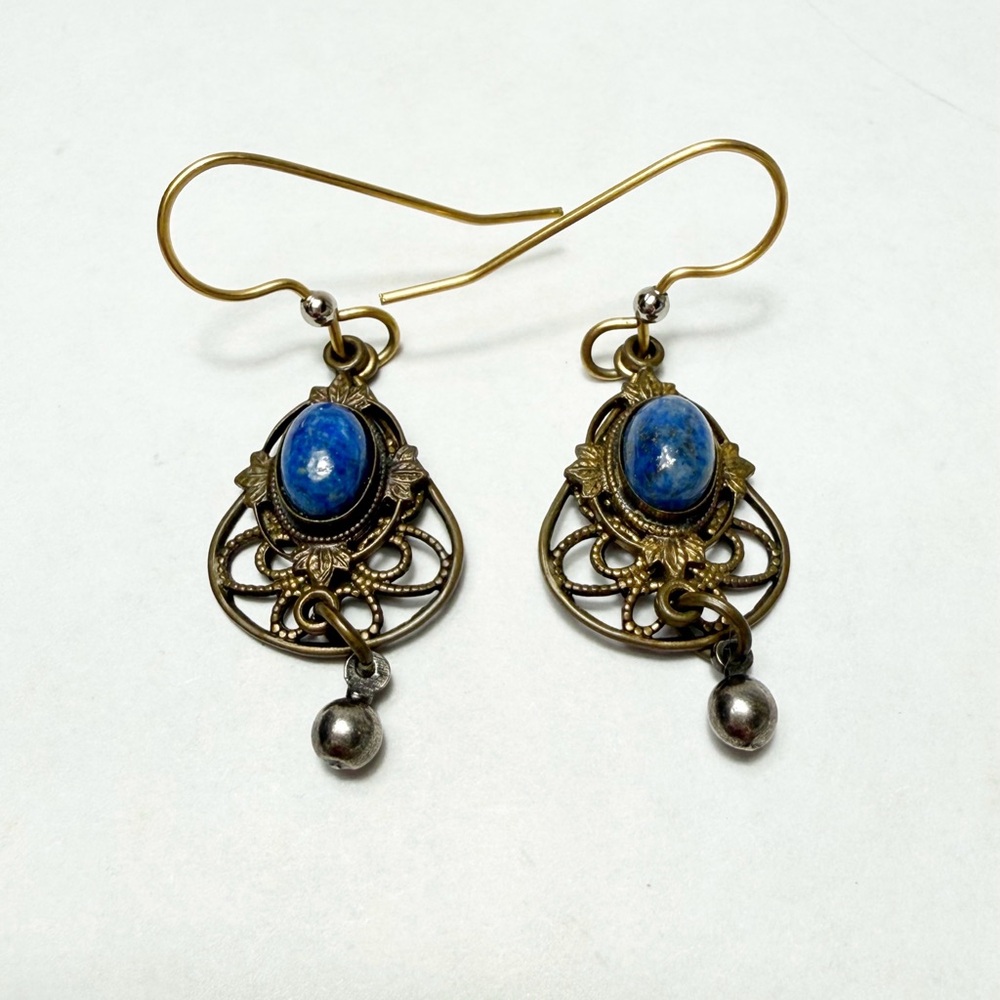 Vintage Style Brass Filigree Lapis Lazuli Teardrop Dangle Earrings
